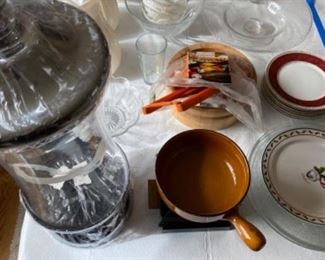 Lot of serving pieces with Shannon crystal drink dispenser, white crock tureen, carafes and much more