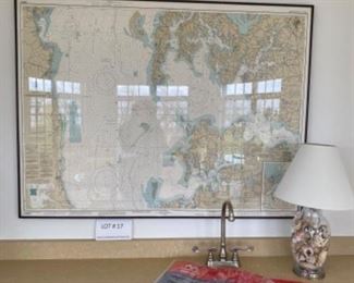 Chesapeake Bay framed Wall map with shell lamp 