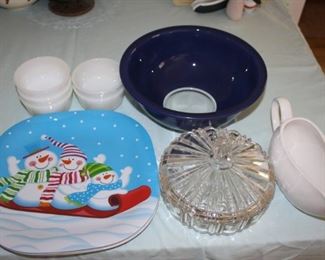 Christmas plates, 5 sm bowls, glass mixing Bowl, Candy dish, Gravy Boat.   