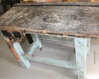 #116  Great Old Heavy Duty Workbench with Mounted Antique Morgan Vice Co. Rapid Action Bench Vice.               
  