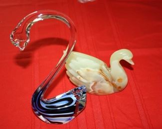 Glass Art Swan 12 inches tall and Vintage Alabaster Swan.  Both very nice!      