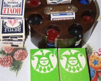   Poker Lot   9 Decks of Cards, 2 boxes of chips and Poker Chip Carousel with Chips.      