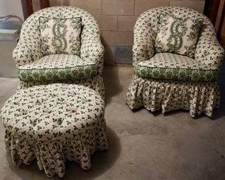 $125 Pair of Clover Leaf Upholstered Chairs & Ottomon 