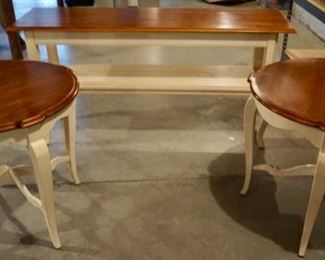 $125 3 pc Country White Wood Top End & Sofa Tables 