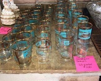 Vintage steamboat teal and gold glass at 41 pieces total
