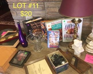 lot No. 11 Includes vintage massager and slicer, cookbooks vintage photo frames and lamps as well as marble statue