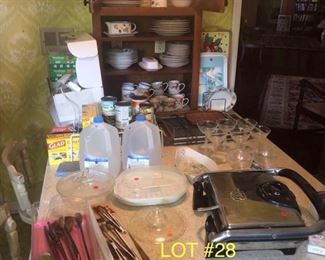 lot No. 28 Includes sandwich press, food saver multiple sets of China , serving platters and vintage heating tray plus Pyrex and more