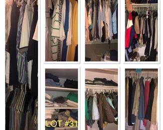 Lot No. 31 includes hundreds of articles of men’s clothing ranging in size from large to extra-large of modern and vintage polo‘s dress shirt dress pants jackets and blazers etc.
