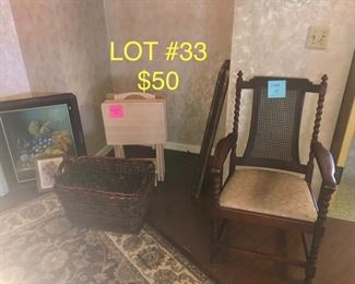 Lot no 33 includes antique chair snack tables fine framed art and large basket