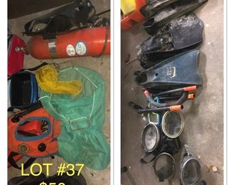 Lot no 37 includes scuba tank and vest with weights, fishing apparatus as well as vintage fins and scuba masks