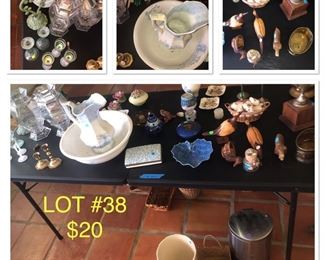 Lot no 38 includes vintage collectibles, hand carved wood pieces, glassware, baskets and more