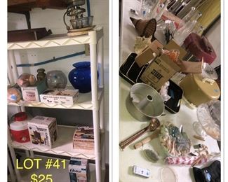 Lot no 41 includes all items as pictured in boxes, vintage coffee maker electric burner juicer Wood decoys to be painted and paint kit, vintage mixer and Bowl and other various items as shown