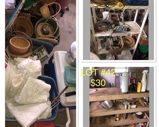 Lot no 42 includes boxes of vintage baskets and Tins vintage lace curtains, cooler, camping cookware, tarp, other useful garage items