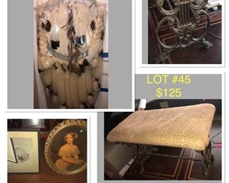Lot no 45 includes vintage fine art, antique piano dragon -footed bench, and unique native American dream catcher/ Mandala
