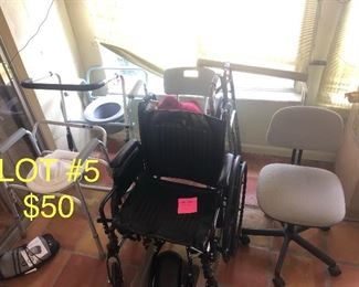 Lot No. 5 includes large wheelchair and portable potty, office chair and walkers 