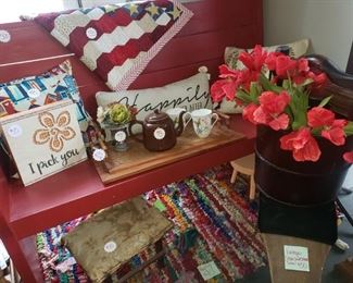 Hand made Bench-$300
Sign-$10
Birdhouse Pillow-$8
Flag Wall Quilt-$40
Happily Ever After Pillow New-$20
2 Trays-$25
Flowers on Tray-$7
Teapot-$8
Lennox Tea cups-$12 pair
Rag Rug-$45 SOLD
Primative Stool-$15
Shoe Salesman Stool-$50
Wooden Bucket-$30 empty 