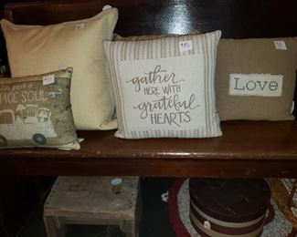 Yellow Pillow-$8
New Pillows- Vintage-$10 SOLD
Gather-$15 
Love-$18 SOLD
Rustic Vintage Stool-$20