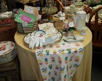 Table with Cloth-$25
Table Runner-$15-SOLD
Platter and Bowl-$15
Vintage unused Cards-$1 each
Gloves-$4
Pair of mini plates-$5
Assorted Makeup Bags-$5 SOLD
Lamp-$25
Hand Painted Trays-$6each
Yellow Stand-$9
Mini tray-$2
Pig-$5
Capodimonte basket-$20
Birdcage-$20
Coffee Pot-$10
Mini Vase-$4
Love Sign-$20
