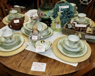 Antique Table with 5 Chairs-$375
Wood Chargers-$4 each 5 available
Antique China Set-$200
Pier 1 Napkins-$20 for 10
Napkin Rings-$2 each
Bunny-$3
Bunny pair-$8
Teapot-$8 
Antique Lamp-$85-SOLD