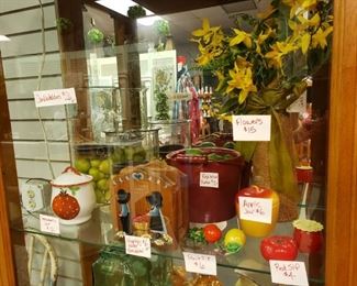 Lemon & Lime 2 piece Candleholders-$26 pair
Strawberry Jar-$12 SOLD
Amish Napkin Holder and Note Holder-$6 Set
Red Bucket-$10 Limes-75 cents EA 
Flowers-$15
Fruit S&P-$6
Apple Jar-$6 SOLD
Red S&P-$4