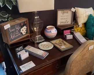 Writing Desk-$150
Post Note Pads-$7 each 
Shopping List Pads-$3 each
Painted Trivet-$6
Butterfly Journal-$5
Signs-$13 each
Lamp-$25
Vase-$6