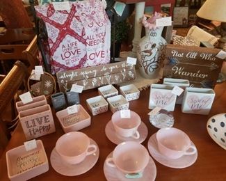 Dish Towels-$9
Spring Sign-$15
Enjoy the little things wood magnet-$4
Square Vases-$7
Mini Vase-$5
Happiness is Being a Grandma -$7
Love You Mom-$6
Pink Teacups-$20 set of 4 SOLD
Spread Love Vases-$7
Bird Case-$25
Not All Who Wander String Art Sign-$14
