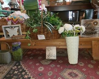 Short Wooden Bench-$20  Great for plants or children-SOLD
Grey Basket-$12
Purple Flowers-$6
Butterfly Sign-$6
Life Is An Adventure String Art-$8
Plant in Bakery-$20
Where You Go I Go Sign-$9
Basket with White Flowers-$15
Life is Better if You Believe-$10