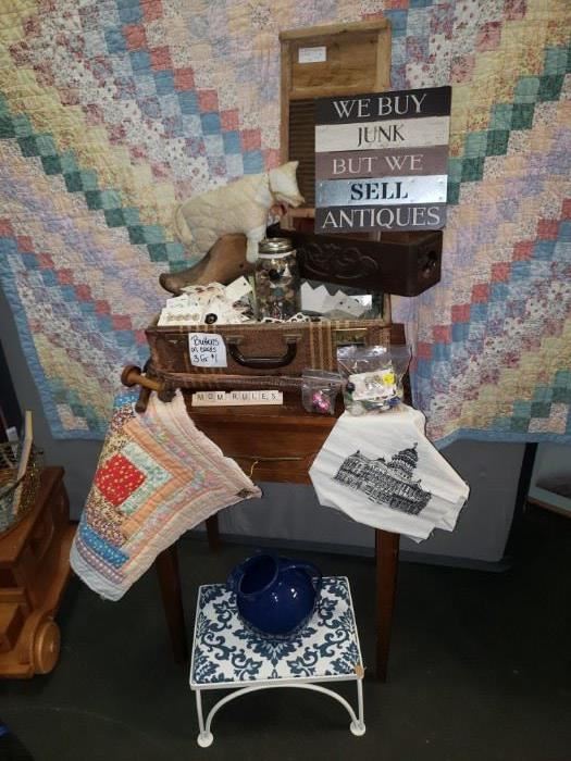 Quilt-$40
Empty Sewing Machine Table would make a great tall nightstand-$40
Stool-$15 SOLD
Blue Pitcher-$20
Quilt Piece--$6
Mom Rules-$4
Vintage Spools-$3 each
Bag of pink and gold vintage buttons-$2
Small bag of buttons-$4
Vintage suitcase with unattached lid-$20
Buttons on cars-3 for$1
Jar of buttons-$14
Wooden Shoe Mold-$15
Quilted Cow-$6
Vintage Sewing Drawer-$17
Sign-$9
Washboard-$15
Fabric pieces of historical Bell County-$3 each