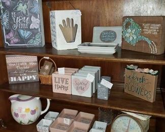 Be-you-tiful Sign-$15
Box with hand-$13
Dear God Tray-$8
Plant Dreams String Art-$13
Happy Sign-$10
Enjoy the little things magnet-$4
Live Happy/ Spread Love Vases-$7
Mini Vase-$5 each 
The Earth Laughs in Flowers-$10
Floral Pitcher-$16
Love You Mom Trinket Box-$6
Happiness is being a Grandma-$8
Scale-$15
