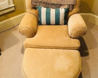 Sherrill Furniture tufted chair & ottoman on casters priced at $600.00 - this chair has a slight stain noticeable in pictures and reflected in price. Chair measuring 40 inches tall x 42 inches wide x 43 inches deep, ottoman measuring 22 inches deep x 31 inches wide, 17 tall