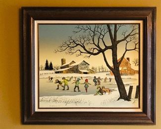 Vintage signed H. Hargrove oil on canvas ice skating priced @ $25.00 measuring 31.5” wide x 27.5”tall