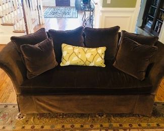 Brown Channel Velvet Wesley Hall Tufted Back Sofa (2 available) priced at $1,675.00 each measuring 85" long x 40" deep x 35" tall (green throw pillow not included)