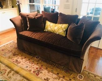 Brown Channel Velvet Wesley Hall Tufted Back Sofa (2 available) priced at $1,675.00 each measuring 85" long x 40" deep x 35" tall (green throw pillow not included)