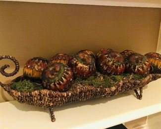 10 Decorative Pheasant Feather Balls in a Wicker Basket priced @ $88.00