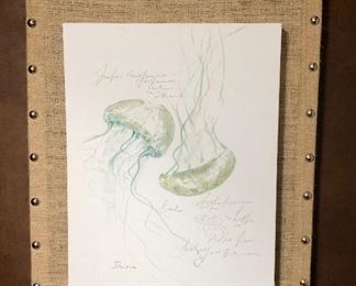 Burlap mounted jelly fish print $58.00 measuring 27.5 inches tall x 22 inches wide