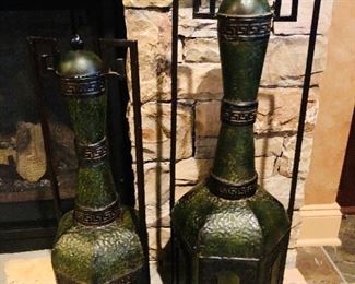 SET of 2 metal decorative urns priced at $54.00 for the pair tallest measuring 30 inches