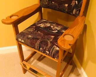 SET of oak pool table chairs with rustic pool fabric $394.00 for the pair measuring 45 inches tall x 27 inches wide x 22 inches deep