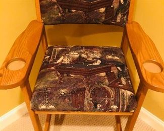 SET of oak pool table chairs with rustic pool fabric $394.00 for the pair measuring 45 inches tall x 27 inches wide x 22 inches deep