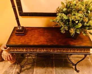 Metal console table $145.00 measuring 33 inches tall x 46 inches long x 16 inches deep. Greenery $58.00.