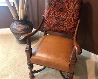 Fairfield arm chair with ostrich seat, leather back and stunning woodwork $494 measuring 46.5 inches tall x 28 inches wide in front x 20 inches wide in back x 24 inches deep