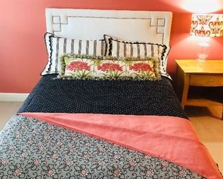 Full size bed with white headboard 52 inches tall x 63 inches wide including mattress & box spring in excellent condition $374.00. Custom made linen set including pillows $298.00