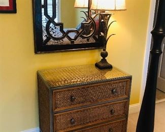 Wicker/metal 3 drawer chest of drawers with a glass top $274.00 measuring 32 inches wide x 19 inches deep x 22.5 inches tall