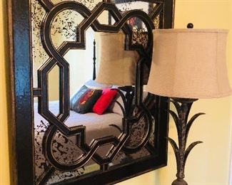 Black w/ copper trim square mirror $170.00 measuring 31 inches wide x 35 inches tall. Lamp is $58.00 measuring 34.5 inches tall.