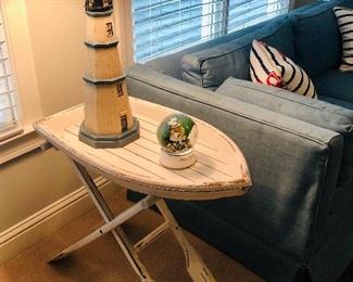 Lighthouse lamp $ 48.00. Folding boat table in antique white with teal and natural wood accents - SOLD.
