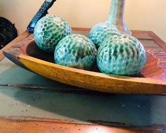 Antique tray hand carved with teal & green decorative balls priced at $54.00