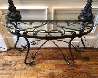 Glass top moon shape console table 52” long x 18” deep x 29” tall $250