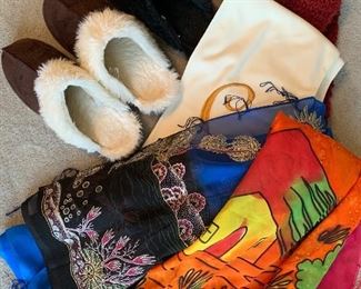 Lot of slippers and scarves, $15