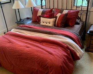 Queen bed frame, mattress and box-springs included $225 - Bedding, $45/all