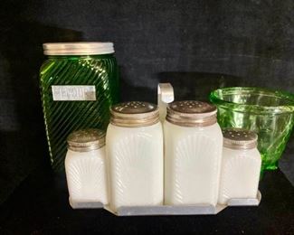 033m Milk Glass Condiment Set  Uranium Glass