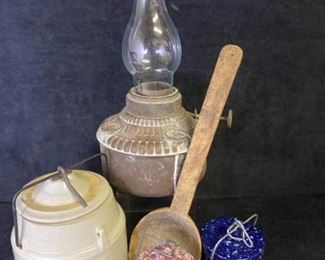 016m Spongeware Crocks, Oil Lamp  Wood Ladle